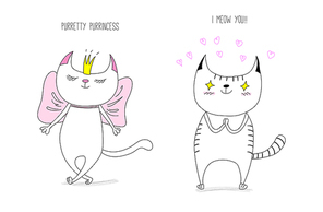 Hand drawn vector doodles of cute funny cats - cat princess in a crown with a bow and cat in love with hearts, with text. Isolated unfilled outlines. Design concept for children - poster, postcard.