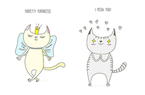 Hand drawn vector doodles of cute funny cats - cat princess in a crown with a bow and cat in love with hearts, with text. Isolated objects on white . Design concept for children - poster.