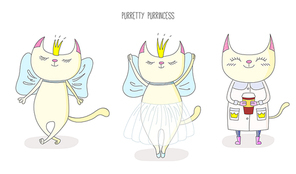 Hand drawn vector illustration of a cute cat princess, in crown, with a bow, in tutu, in a coat with a cup, with text Purretty princess. Isolated objects on white . Design concept kids.