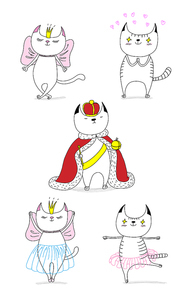 Hand drawn vector doodles of cute funny cats - a cat in love with a beautiful princess, with hearts, a king in a crown, dancing ballet. Isolated unfilled outlines. Design concept for children.
