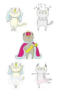 Hand drawn vector doodles of cute funny cats - a cat in love with princess, with hearts, a king in a crown, dancing ballet. Isolated objects on white background. Design concept for children - poster.