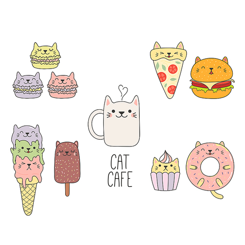 Hand drawn vector illustration of a kawaii funny food with cat ears, with text. Isolated objects on white . Line drawing. Design concept for cafe menu, children .