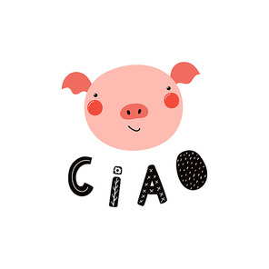Hand drawn vector illustration of a cute funny pig face, with stars, lettering quote Ciao (Hello in Italian). Isolated objects. Scandinavian style flat design. Concept for children print.