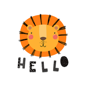 Hand drawn vector illustration of a cute funny lion face, with lettering quote Hello. Isolated objects. Scandinavian style flat design. Concept for children print.