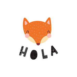 Hand drawn vector illustration of a cute funny fox face, with stars, lettering quote Hola (Hello in Spanish). Isolated objects. Scandinavian style flat design. Concept for children print.