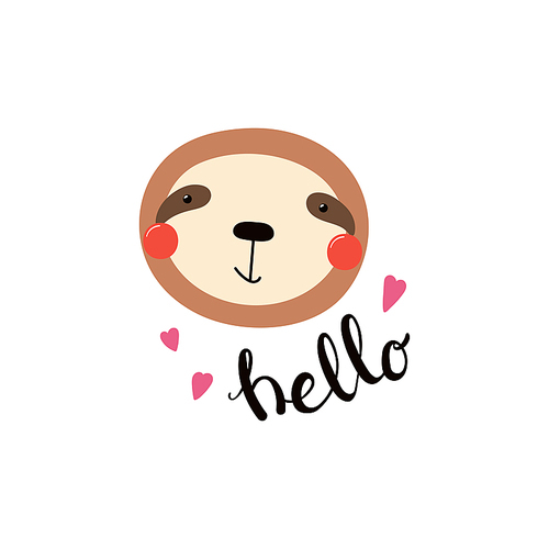 Hand drawn vector illustration of a cute funny sloth face, with hearts, lettering quote Hello. Isolated objects. Scandinavian style flat design. Concept for children print.
