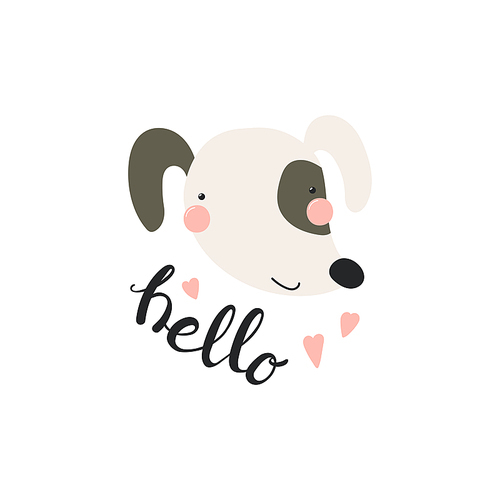 Hand drawn vector illustration of a cute funny dog face, with lettering quote Hello. Isolated objects. Scandinavian style flat design. Concept for children .
