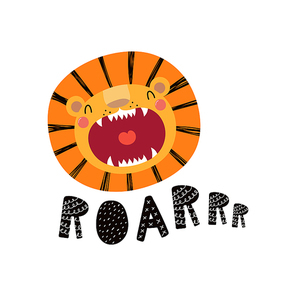 Hand drawn vector illustration of a cute funny lion face with open mouth, lettering quote Roar. Isolated objects. Scandinavian style flat design. Concept for children print.