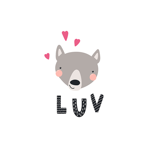Hand drawn vector illustration of a cute funny wolf face, with hearts, lettering quote Luv. Isolated objects. Scandinavian style flat design. Concept for children .