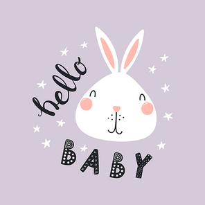 Hand drawn vector illustration of a cute funny bunny face, with stars, lettering quote Hello Baby. Isolated objects. Scandinavian style flat design. Concept for children print.