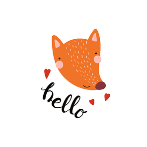 Hand drawn vector illustration of a cute funny fox face, with hearts, lettering quote Hello. Isolated objects. Scandinavian style flat design. Concept for children print.