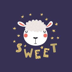 Hand drawn vector illustration of a cute funny lamb face, with stars, lettering quote Sweet. Isolated objects. Scandinavian style flat design. Concept for children print.