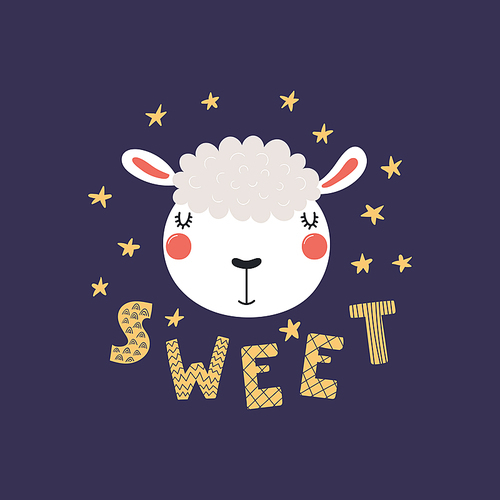 Hand drawn vector illustration of a cute funny lamb face, with stars, lettering quote Sweet. Isolated objects. Scandinavian style flat design. Concept for children .