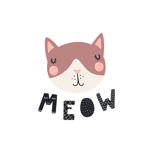 Hand drawn vector illustration of a cute funny cat face, with lettering quote Meow. Isolated objects. Scandinavian style flat design. Concept for children .