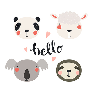 Hand drawn vector illustration of a cute funny animal faces, with lettering quote Hello. Isolated objects. Scandinavian style flat design. Concept for children print.