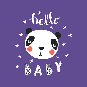 Hand drawn vector illustration of a cute funny panda face, with stars, lettering quote Hello Baby. Isolated objects. Scandinavian style flat design. Concept for children print.