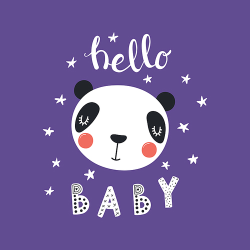 Hand drawn vector illustration of a cute funny panda face, with stars, lettering quote Hello Baby. Isolated objects. Scandinavian style flat design. Concept for children .