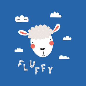 Hand drawn vector illustration of a cute funny sheep face, with clouds, lettering quote Fluffy. Isolated objects. Scandinavian style flat design. Concept for children print.