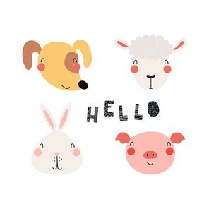 Hand drawn vector illustration of a cute funny farm animal faces, with lettering quote Hello. Isolated objects. Scandinavian style flat design. Concept for children print.