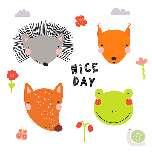 Hand drawn vector illustration of a cute funny forest animal faces, with flowers, butterflies, snail, lettering Nice day. Isolated objects. Scandinavian style flat design. Concept for children .