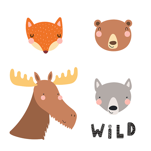 Hand drawn vector illustration of a cute funny forest animal faces, with lettering quote Wild. Isolated objects. Scandinavian style flat design. Concept for children .