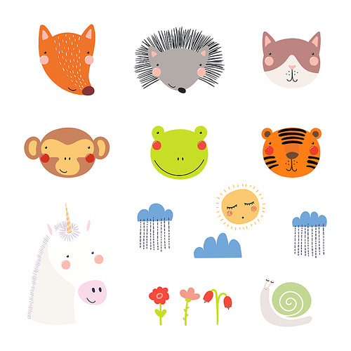 Set of cute funny hand drawn different animal faces, sun, clouds with rain, flowers, snail. Isolated objects. Vector illustration. Scandinavian style flat design. Concept for children .