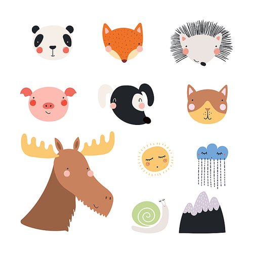 Set of cute funny hand drawn different animal faces, sun, cloud with rain, mountain, snail. Isolated objects. Vector illustration. Scandinavian style flat design. Concept for children .