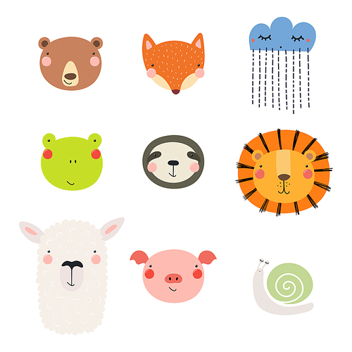 Set of cute funny hand drawn different animal faces, snail, cloud with rain. Isolated objects. Vector illustration. Scandinavian style flat design. Concept for children .