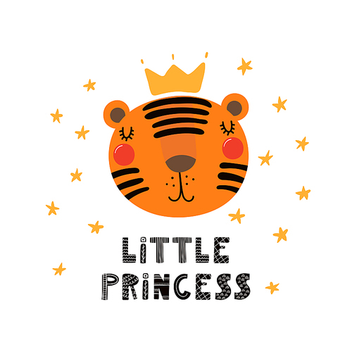 Hand drawn vector illustration of a cute funny tiger face in a crown, with lettering quote Little princess. Isolated objects. Scandinavian style flat design. Concept for children .