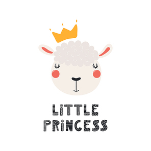 Hand drawn vector illustration of a cute funny sheep face in a crown, with lettering quote Little princess. Isolated objects. Scandinavian style flat design. Concept for children print.