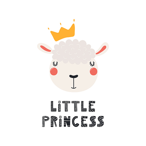 Hand drawn vector illustration of a cute funny sheep face in a crown, with lettering quote Little princess. Isolated objects. Scandinavian style flat design. Concept for children .