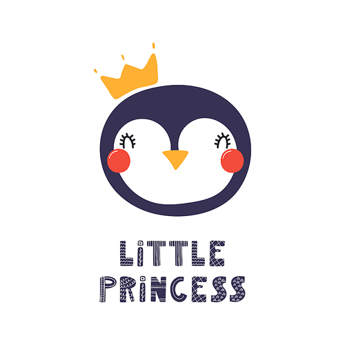 Hand drawn vector illustration of a cute funny penguin face in a crown, with lettering quote Little princess. Isolated objects. Scandinavian style flat design. Concept for children .