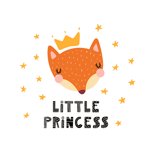 Hand drawn vector illustration of a cute funny fox face in a crown, with lettering quote Little princess. Isolated objects. Scandinavian style flat design. Concept for children .