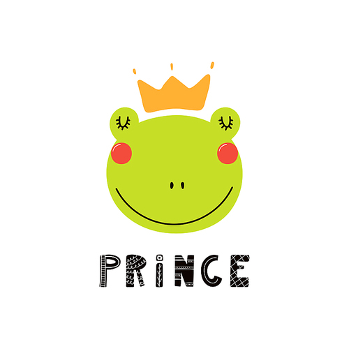 Hand drawn vector illustration of a cute funny frog face in a crown, with lettering quote Prince. Isolated objects. Scandinavian style flat design. Concept for children .
