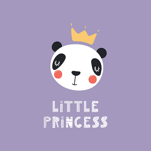 Hand drawn vector illustration of a cute funny panda face in a crown, with lettering quote Little princess. Isolated objects. Scandinavian style flat design. Concept for children .