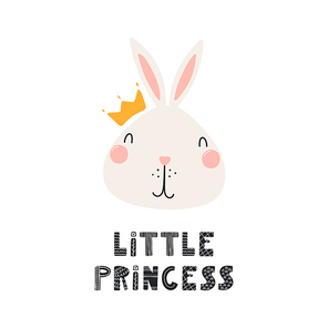 Hand drawn vector illustration of a cute funny bunny face in a crown, with lettering quote Little princess. Isolated objects. Scandinavian style flat design. Concept for children print.