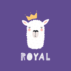 Hand drawn vector illustration of a cute funny llama face in a crown, with lettering quote Royal. Isolated objects. Scandinavian style flat design. Concept for children print.