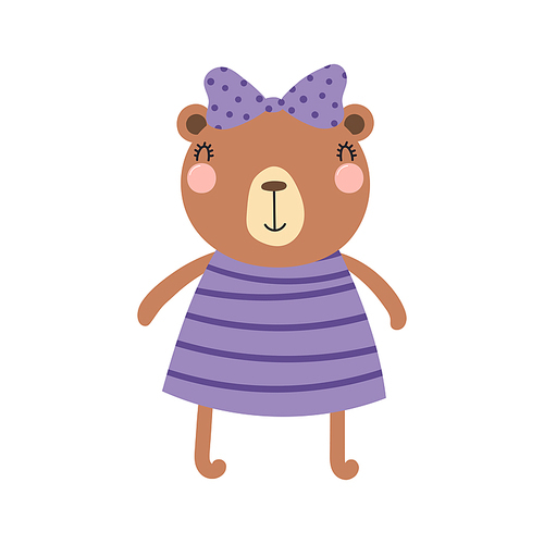 Hand drawn vector illustration of a cute funny bear girl in a dress, with a ribbon Isolated objects. Scandinavian style flat design. Concept for children .