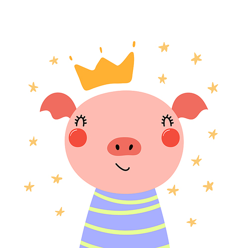 Hand drawn vector illustration of a cute funny piggy in a shirt and crown, with stars. Isolated objects. Scandinavian style flat design. Concept for children .