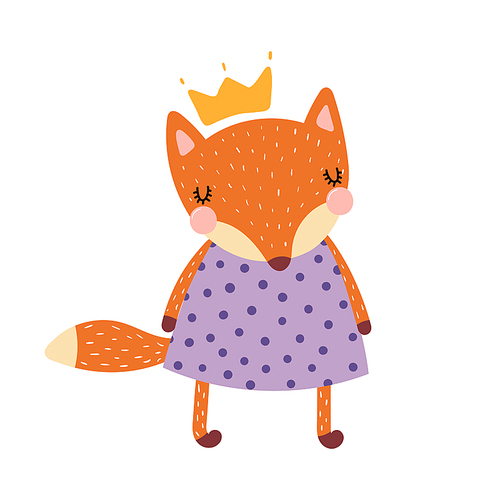 Hand drawn vector illustration of a cute funny fox girl in a dress and crown. Isolated objects. Scandinavian style flat design. Concept for children .