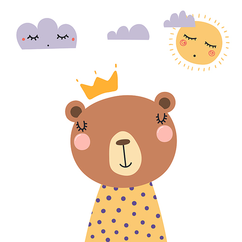 Hand drawn vector illustration of a cute funny bear in a shirt and crown, with sun and clouds. Isolated objects. Scandinavian style flat design. Concept for children .