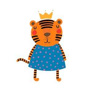 Hand drawn vector illustration of a cute funny tiger girl in a dress and crown. Isolated objects. Scandinavian style flat design. Concept for children print.
