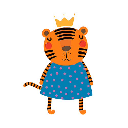 Hand drawn vector illustration of a cute funny tiger girl in a dress and crown. Isolated objects. Scandinavian style flat design. Concept for children .