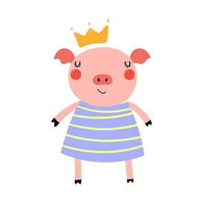 Hand drawn vector illustration of a cute funny piggy girl in a dress and crown. Isolated objects. Scandinavian style flat design. Concept for children print.