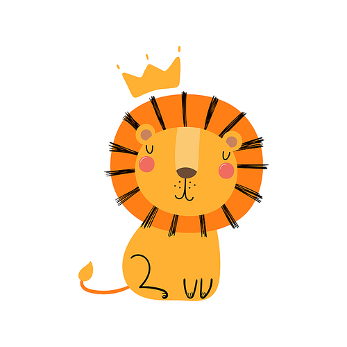 Hand drawn vector illustration of a cute funny lion in a crown. Isolated objects. Scandinavian style flat design. Concept for children .