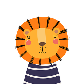 Hand drawn vector illustration of a cute funny lion in a shirt. Isolated objects. Scandinavian style flat design. Concept for children print.