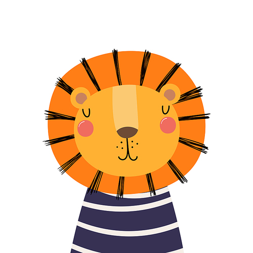 Hand drawn vector illustration of a cute funny lion in a shirt. Isolated objects. Scandinavian style flat design. Concept for children .