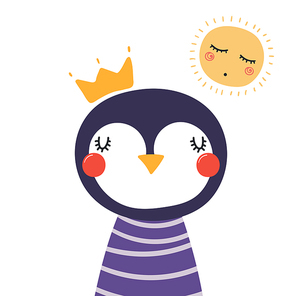Hand drawn vector illustration of a cute funny penguin in a shirt and crown, with sun. Isolated objects. Scandinavian style flat design. Concept for children print.