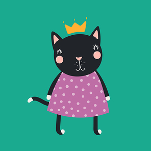 Hand drawn vector illustration of a cute funny cat girl in a dress and crown. Isolated objects. Scandinavian style flat design. Concept for children print.
