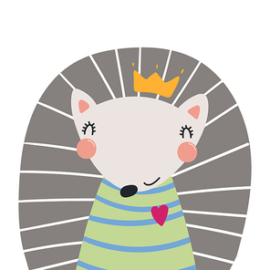 Hand drawn vector illustration of a cute funny hedgehog in a shirt and crown. Isolated objects. Scandinavian style flat design. Concept for children print.